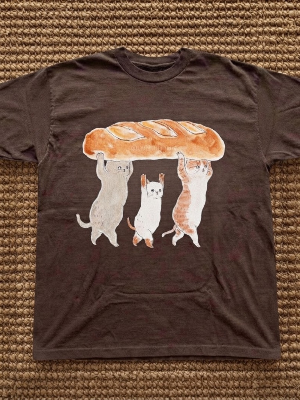 Cat Graphic T-Shirt in Dark chocolate- Cute Cats Holding Bread